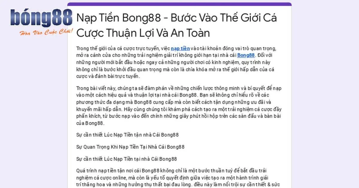 Hướng Dẫn Khách Hàng Cách Nạp Tiền Bong88 Nhanh Nhất Tính năng nạp tiền Bong88